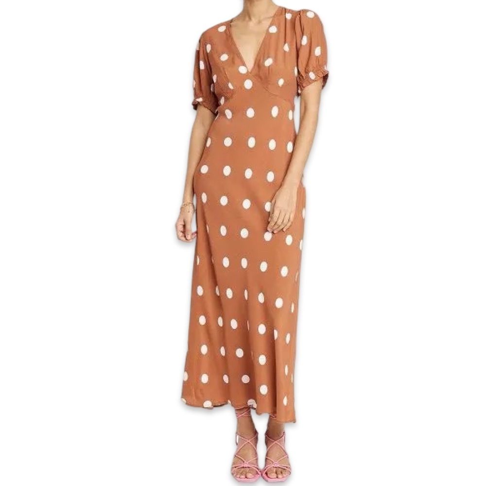 Polka Dot Midi Dress in Medium Brown V-Neckline Boho Cottage Core Wedding Guest